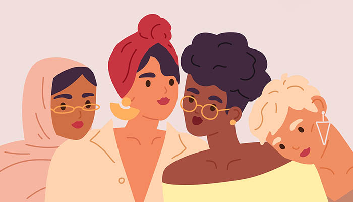 Colorful,Greeting,Card,For,International,Women’s,Day.,Trendy,Girls,Together. Illustration of a group of four girls.